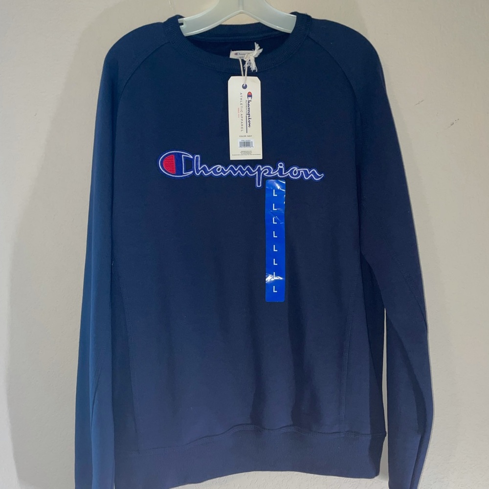 New Men's Slim Fit Champion Blue Crewneck Embroidered Logo Sweatshirt Large
